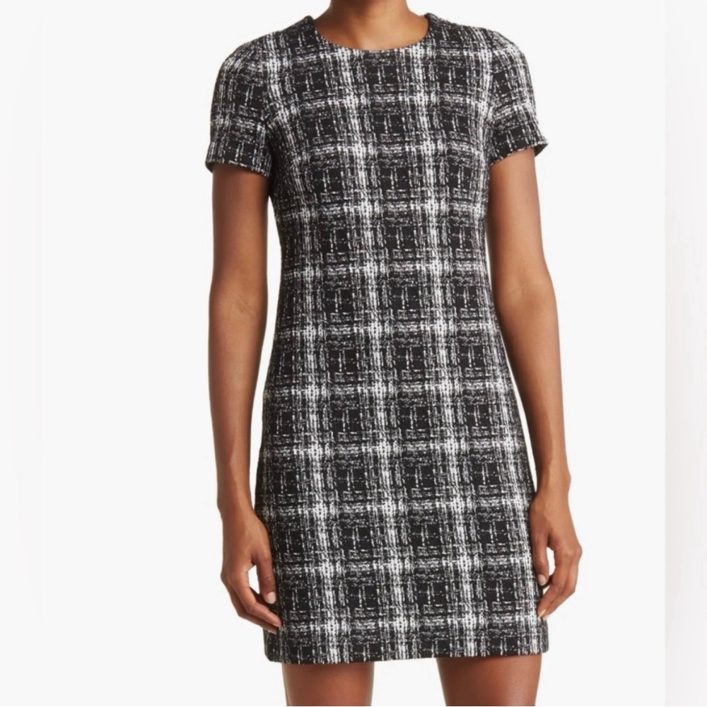 Calvin Klein Black White Plaid Short Sleeve Ponte Mini Dress Women's Size 8
